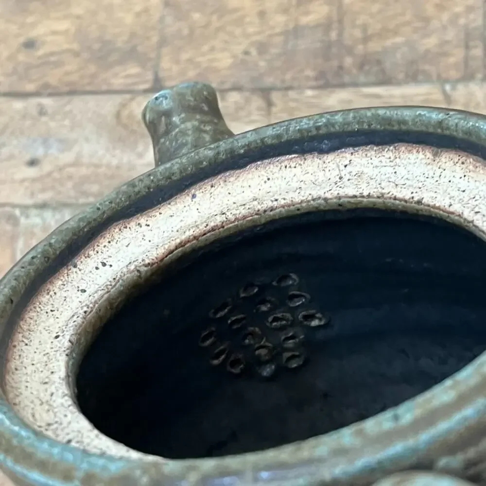 Handmade Stoneware Pottery Teapot Dark Green Textured Finish Artist Signed